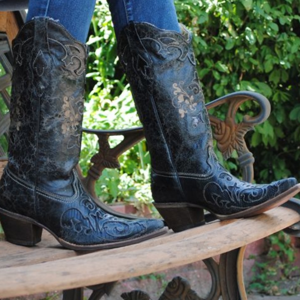 CORRAL black distressed snip toe cowgirl western boots exotic lizard inlay sz9.5